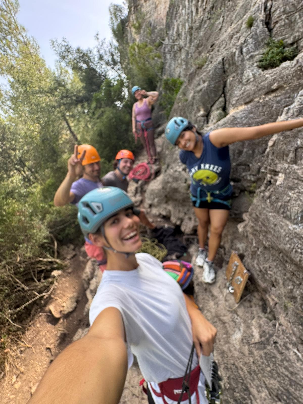Keep Calm climbers on an outdoor crag near Barcelona