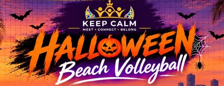 Keep Calm Halloween Beach Volleyball, with a grinning pumpkin, bats and a spider on a beach sunset