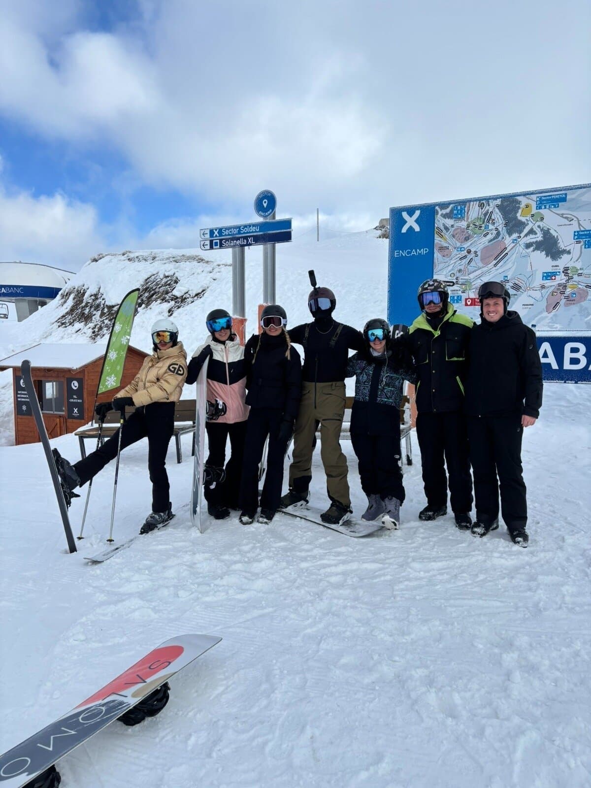Keep Calm Community group of skiers and snowboarders at Encamp, Grandvalira ski resort, Andorra