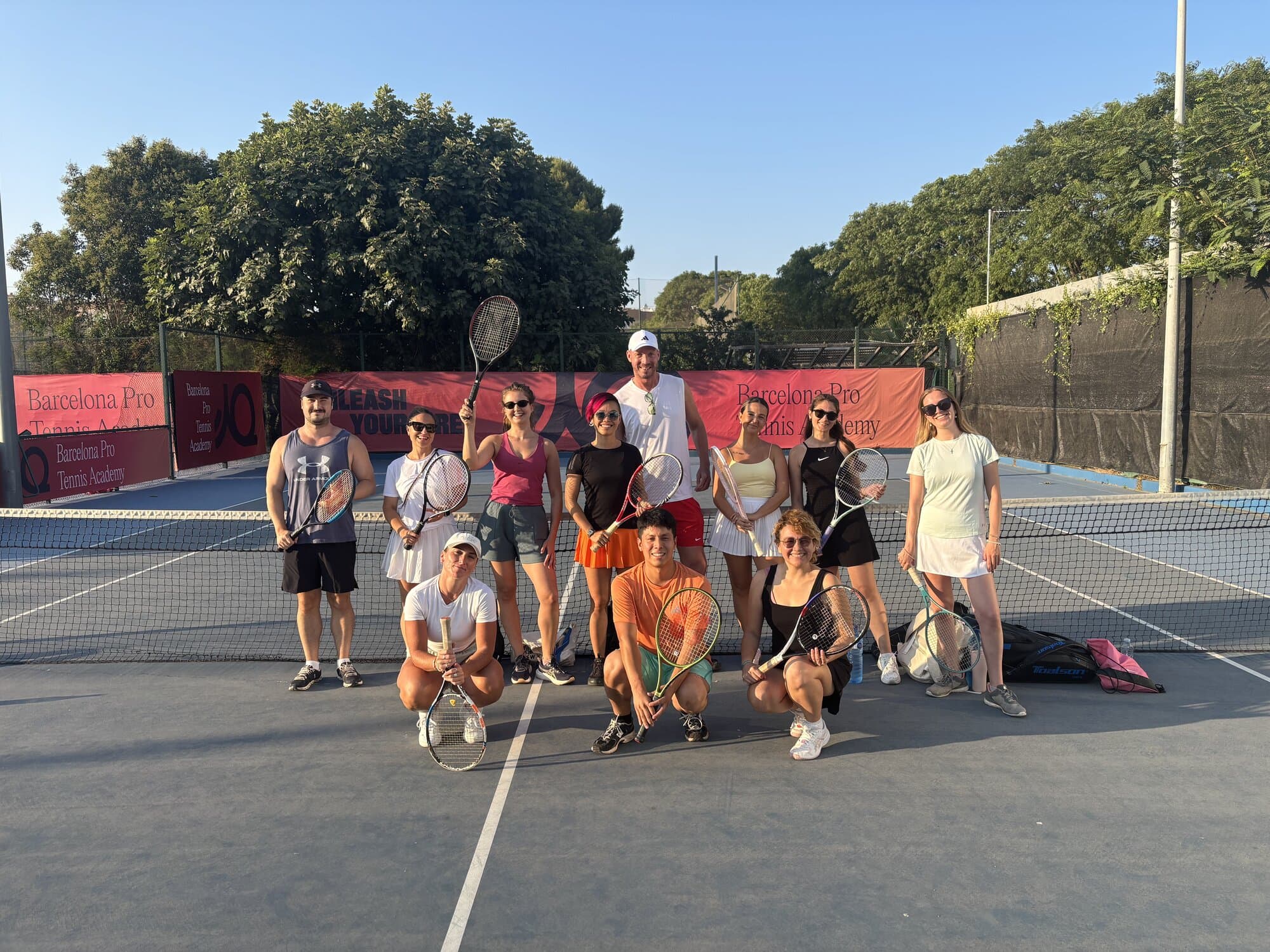 Keep Calm Community Tuesday tennis group photo at Barcelona Pro Tennis Academy, Up Cornellà